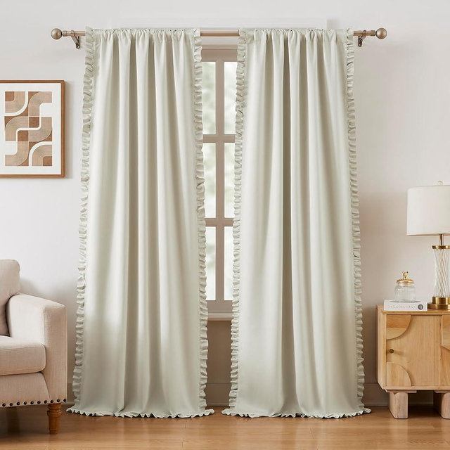 Jubilantex Ruffle 80% Blackout Curtains 84 Inch 2 Panels Farmhouse Curtain Soft Light Filtering Flowy Drapes for Living Room Bedroom Rod Pocket Light Filtering Window Curtains, 40x84, Beige