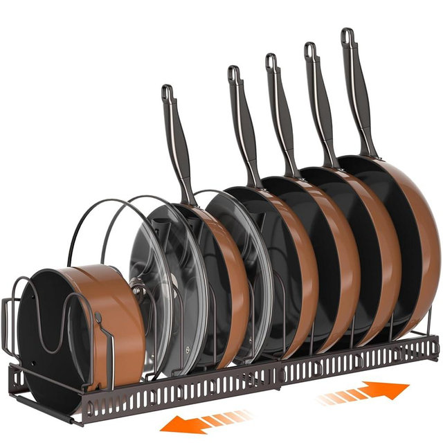 MUDEELA Pots and Pans Organizer Rack for under Cabinet, Expandable Pot Lid Kitchen Cabinet Organizer Holder with 10 Adjustable Compartment Cutting Board Organizer for Pan Lid Cookie Sheet Rack, Bronze