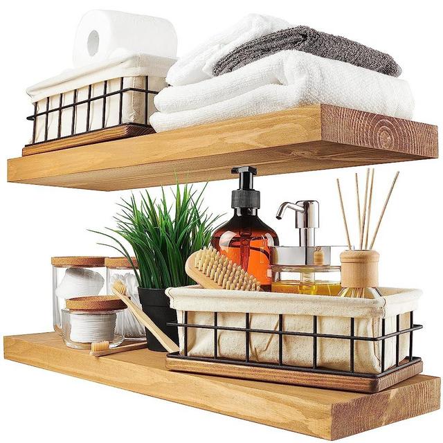 BAOBAB WORKSHOP Wood Floating Shelves Set of 2 - Rustic Shelf 24 inch - Made in Europe - Wide Wooden Wall Shelves for Living Room Bedroom Kitchen Bathroom Farmhouse - Gold Oak Color - 24D x 6.7W