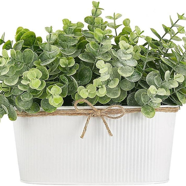 Dahey Artificial Eucalyptus Faux Plants Indoor for Farmhouse Home Decor Fake Potted Plants in Rustic Rectangular Pots Table Centerpiece for Office Bath Living Room Greenery Decor, 7" L x 4" H