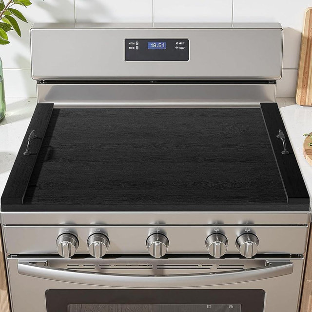 TIRYIUOU Gas Stove Top Cover: Wooden 30 * 22 Inches Electric Stovetop Covers, Noodle Board with Handles, Wood RV Cutting Board for Kitchen Counter (Black)