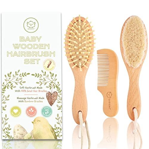 Baby Hair Brush and Comb Set for Newborn - Natural Wooden Hairbrush with Soft Goat Bristles for Cradle Cap - Perfect Scalp Grooming Product for Infant, Toddler, Kids - Baby Registry