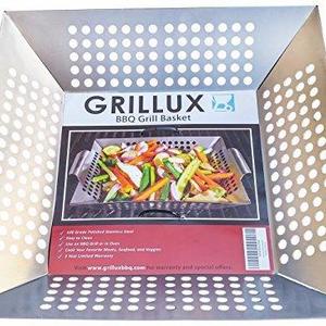 Grillux - #1 BEST Vegetable Grill Basket - BBQ Accessories for Grilling Veggies, Fish, Meat, Kabob, or Pizza - Use as Wok, Pan, or Smoker - Quality Stainless Steel - Camping Cookware - Charcoal or Gas Grills OK