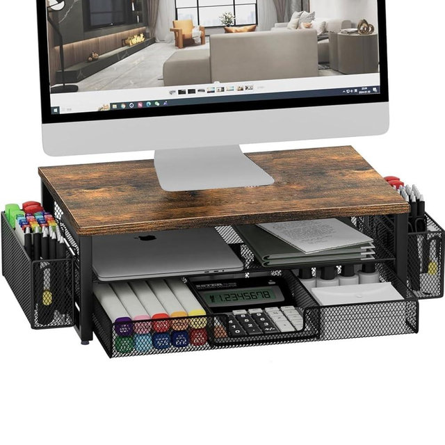 gianotter Monitor Stand Riser, Desk Organizer with Drawer and Pen Holder, 2-Tier Computer Stand, Office Desk Accessories, Office Organization(Wood)
