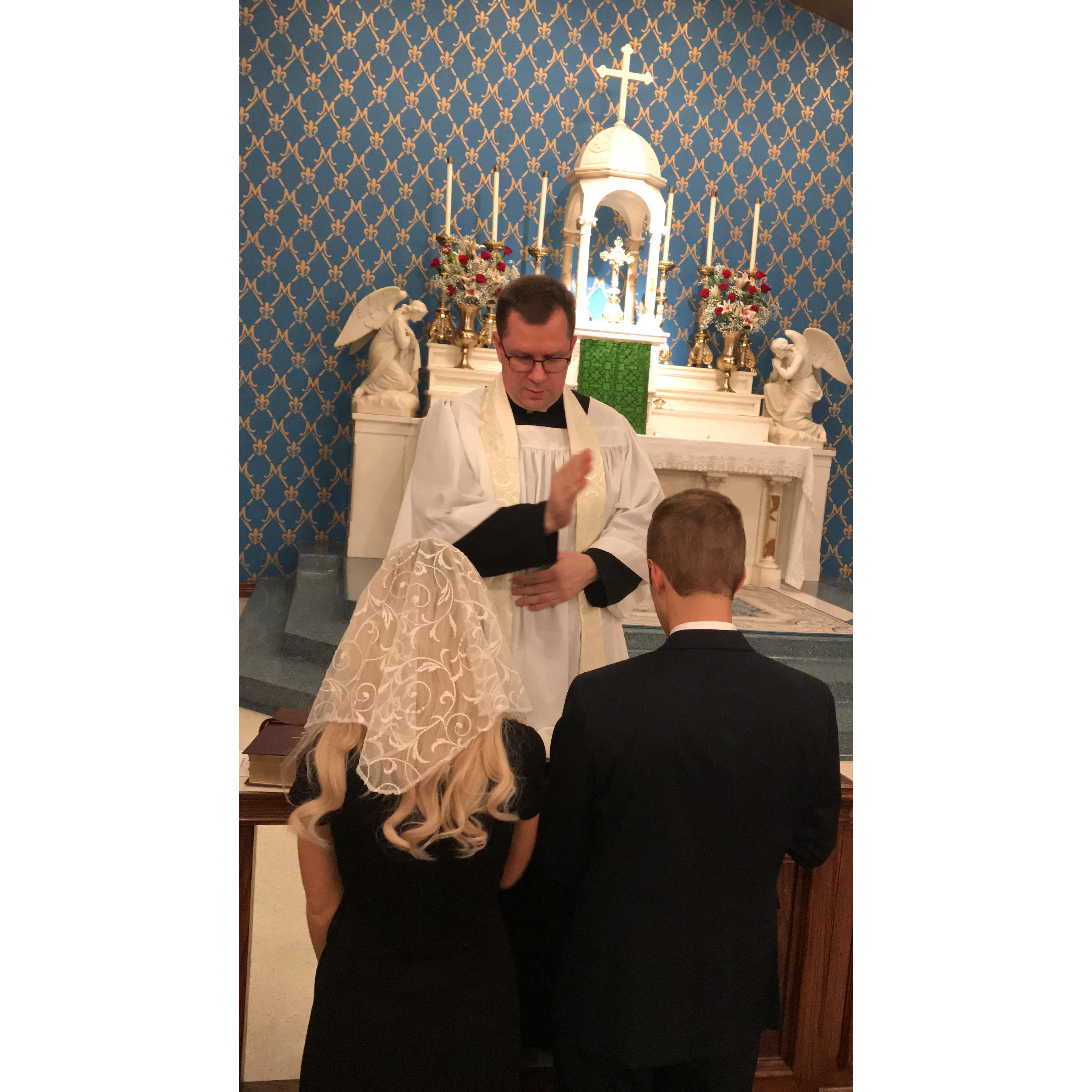 At Mater Dei Church with Father O'Brien receiving his blessing on our betrothal. We can't wait to be at Mater Dei on June 8th! :)