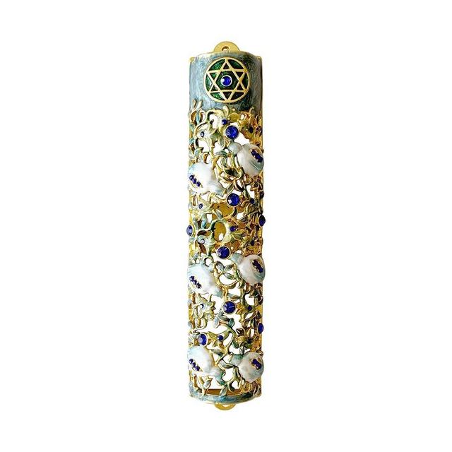 Hand Painted Mezuzah, Exquisite Enamel Mezuzah with Star of David and Blue Crystal Accent