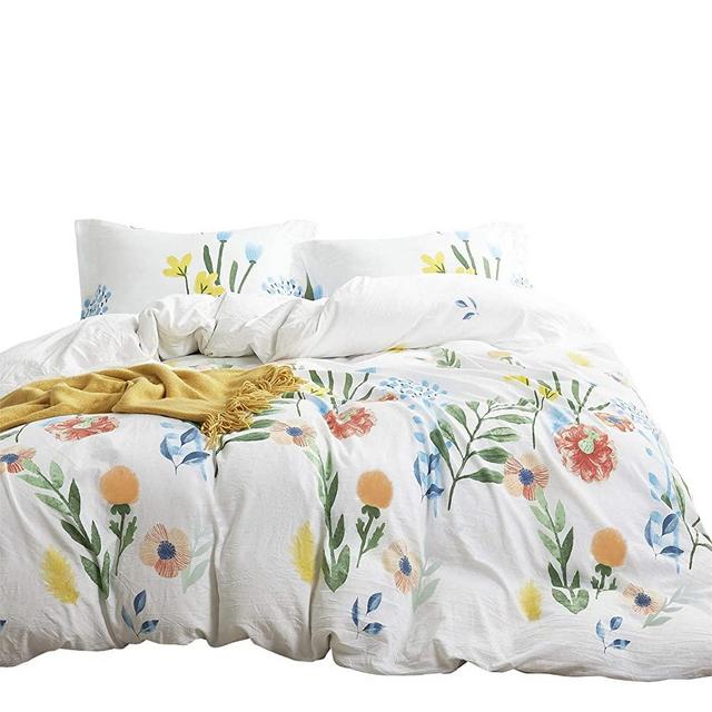 Wake In Cloud - Watercolor Comforter Set, Colorful Floral Leaves Flowers Painting Pattern Printed, 100% Cotton Fabric with Soft Microfiber Inner Fill Bedding (3pcs, Queen Size)