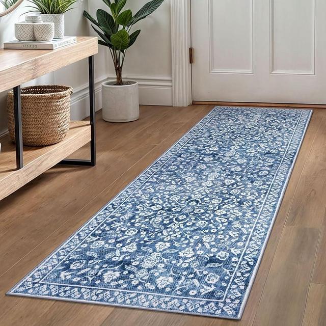 SILOLOOM Vintage 2x6 Runner Rug, Blue White Washable Runners for hallways, Super Soft Kitchen Runner Rug Non Slip, Print Faux Wool Floral Thin Carpet Runner for Entryway Indoor Laundry Room Bedroom