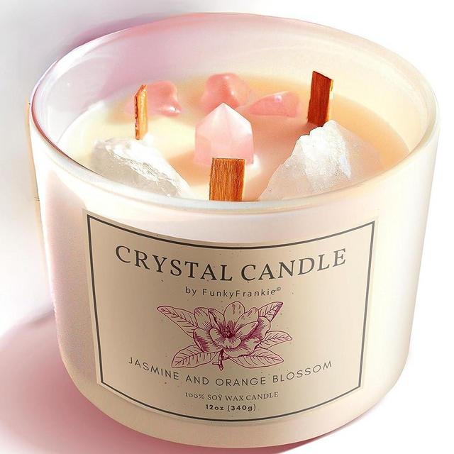 4 Healing Crystal Candle, Self Love Candle - Rose Quartz 12 oz Manifestation Candle with Crystals Inside for Aries Gifts for Women | Zodiac Candle | Jasmine Neroli Soothing Scent