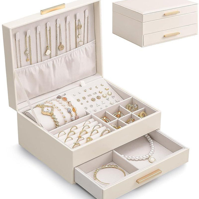 Lolalet 2-Layer Jewelry Box Organizer for Women Girls, Jewelry Storage Case Holder with Drawers for Necklaces Ring Earrings Bracelet Watch, Gifts for Galentines Valentines Girlfriend Wife -Beige