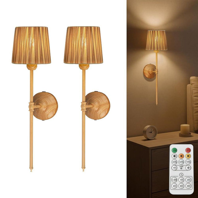 Wall Sconces Set of 2, Wood Grain Fabric Shade Wall Lights with Touch & Remote Control, Plug-in Dimmable Wall Lamps, 3 Color Temps for Bedroom, Living Room, Hallway