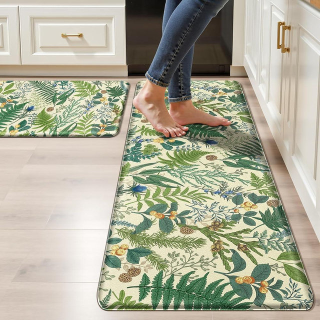 Beige Green Botanical Kitchen Rugs Set of 2 Plant Leaf Anti-Fatigue Kitchen Mat Natural Comfort Standing Waterproof PVC Mats 2/5" Thick Leather Carpet for Laundry Office Sink(17.3" x28" + 17.3" x 47")