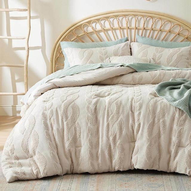 Bedsure Queen Size Comforter Set Beige, Boho Tufted Bedding Comforter Set, Farmhouse Jacquard Cable Knit Pattern Bed Set, 3 Pieces, 1 Shabby Chic Fluffy Comforter & 2 Pillow Shams