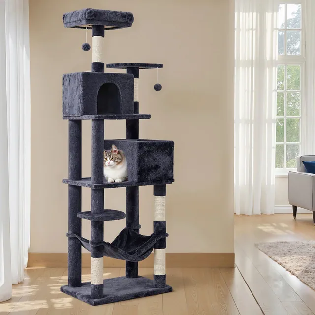 LEDREM 75.2-Inch Cat Tree Tower with 5 Scratching Posts & Hammock - Multi-Level Cat Condo with 2 Perches & Caves, Smoky Gray