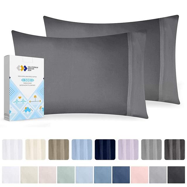 California Design Den Dark Grey Luxury Cotton Pillowcases - 2 Piece Smooth Solid Sateen Weave Standard Pillow Cover Set, 500 Thread Count Comfortable Pillowcases
