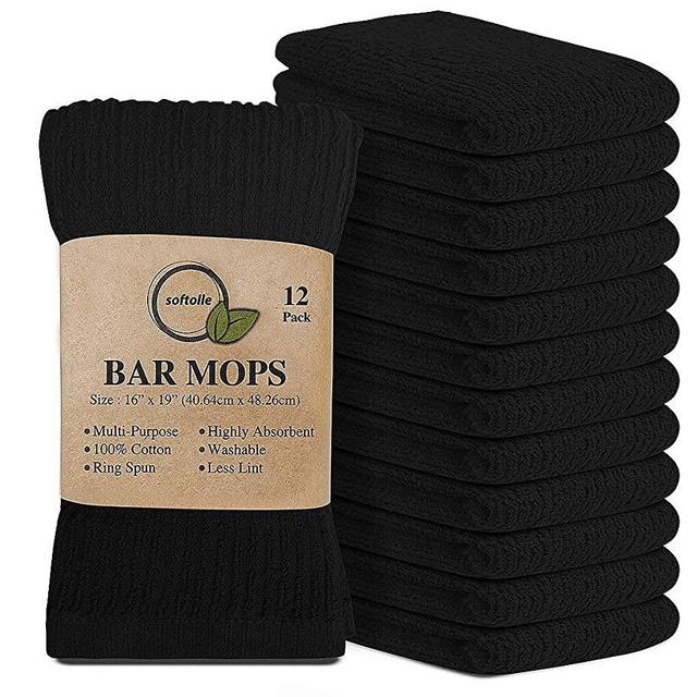 Softolle Kitchen Towels, Pack of 12 Bar Mop Towels -16x19 Inches -100% Cotton White Towels - Super Absorbent Bar Towels, Multi-Purpose for Home, Kitchen and Bar Cleaning (Black)