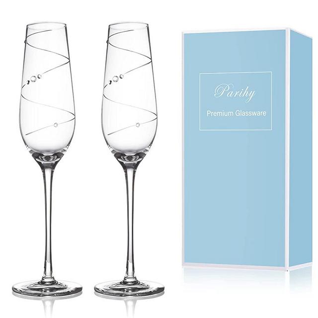 Champagne Flutes, Wedding Toasting Crystal Champagne Glasses Set of 2, Wraparound Hand Cut Design Embellished with Crystals, Wedding Gifts for Couple Bride and Groom, Housewarming, Engagement Gift