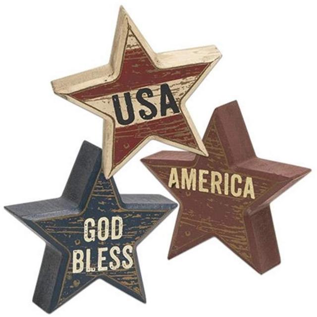 HAPPY DEALS ~ Set of 3 | Wooden Distressed Patriotic Star Sitter Blocks Tabletop Decor - USA, America and God Bless - 3 pc Set - 4 inch