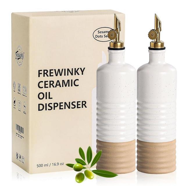 Frewinky 16.9oz Olive Oil Dispenser Bottle with Funnel, Ceramic Oil Dispenser for Kitchen, White Cooking Oil Dispenser for Storage Oil, Vinegar, Syrups & Other Liquids, Set of 2