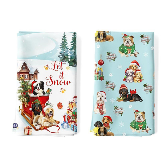 Arquiel Christmas Dogs Tea Towels, Cotton Kitchen Towel 18.9 × 27.5 inch, Quick Drying Dish Cloth for Dog Lovers Party Anniversary Holiday Decoration Housewarming Gifts