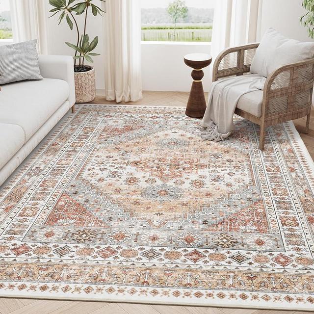 zesthome 5x7 Area Rugs - Ultra-Thin Washble Area Rug, Stain Resistant Rugs for Living Room Bedroom, Vintage Home Decor Rug (Orange,5'x7')