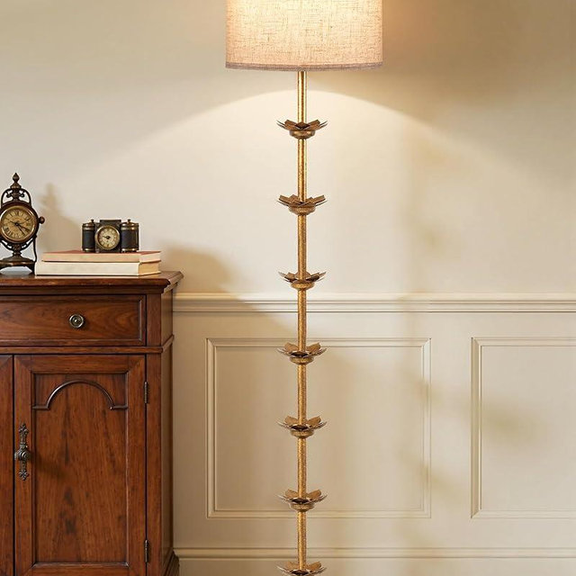GOEBLESON 63.8” Floor Lamp with Landen Leaf, Antique Gold Standing Lamp with Foot Switch, Metal, Beige Linen Drum-Shaped Shade, Bulb Not Included, for Bedroom, Living Room D20LD05