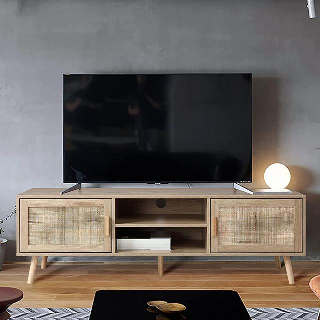 Finnhomy 59" TV Stand, TV Console for up to 65 inches TV with 2 Hand Made Rattan Decorated Doors, Living Room Entertainment Center TV Table with Storage, Natural