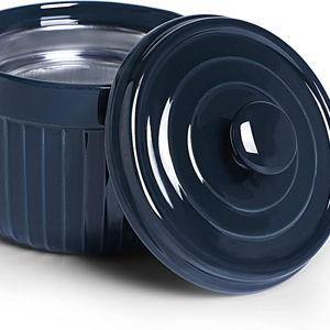 Ceramic Bacon Grease Container Keeper with Strainer, Frying Oil Storage Can, Navy