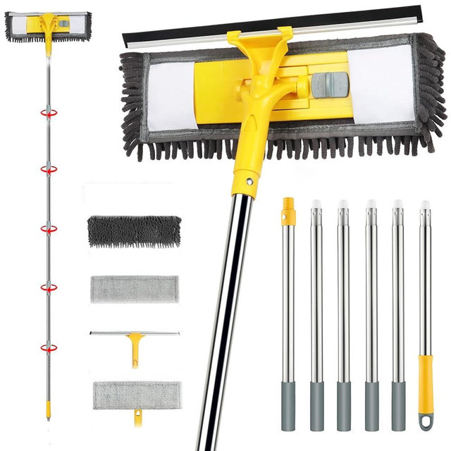 Dymoll 96" Long Handle Window Wall Cleaner Tool with Extension Pole,2 in 1 Large Window Squeegee with Cleaning Mop Tools Kit for Window/Wall/Baseboard/Floors Clean/Solar Panel Washer