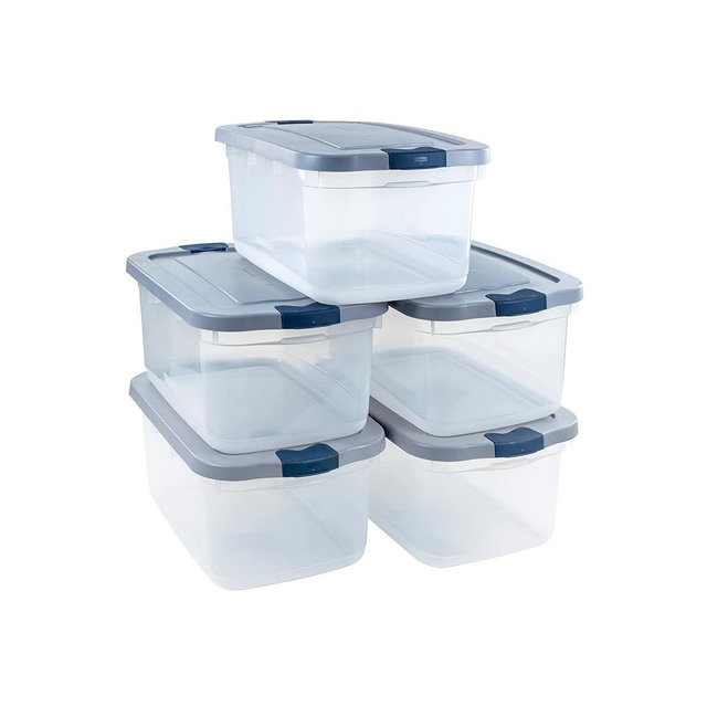 Rubbermaid Roughneck Clear 50 Qt/12 Gal Storage Containers, Pack of 5 with Latching Grey Lids, Visible Base, Sturdy and Stackable, Great for Storage and Organization