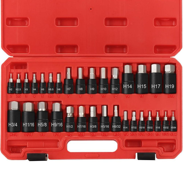 RIMKOLO Hex Impact Bit Socket Set, 32-Piece Allen Socket Set SAE and Metric 1/4" 3/8" 1/2" Drives, S2 Alloy Steel and CR-V Bit Sockets