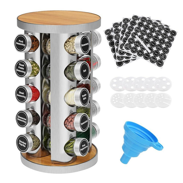 Daiumulti Rotating Spice Rack Organizer, Spice Tower for Countertop, Revolving Spice Rack Set for Cabinet, Silver Steel Kitchen Seasoning Organizer with 20 Jars and Funnel