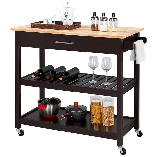 Yaheetech Kitchen Island on Wheels, 3 Tier Rolling Microwave Oven Cart Serving Cart with Storage Drawer and Shelves 40’’ W Wood Top, Espresso