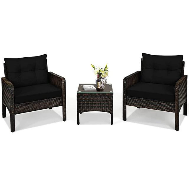 Happygrill 3 Pieces Patio Conversation Set Outdoor Rattan Wicker Furniture Set with Coffee Table & Chairs Patio Bistro with Seat Cushions for Garden Balcony Backyard Poolside