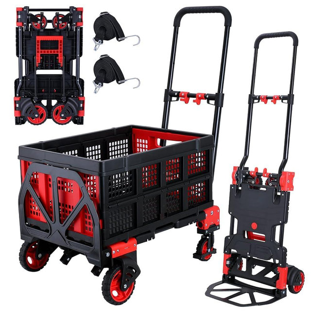 2-in-1Hand Truck Dolly Foldable with Folding Basket,330LBS Capacity Handtruck,Hand Truck Foldable Dolly with 4 Wheels,Push Cart Dolly with Retractable Handle,Folding Hand Cart for Moving