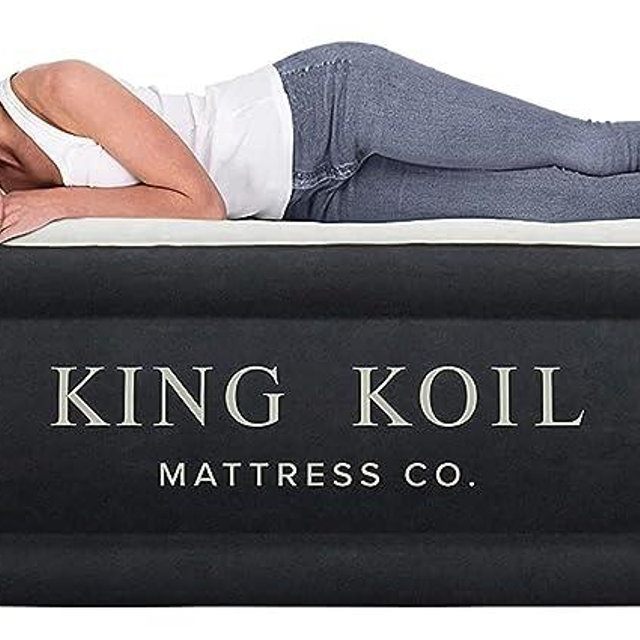 King Koil Luxury Air Mattress 16in Full Size Black with Built-in Pump for Home, Camping & Guests-Inflatable Airbed Luxury Double High Adjustable Blow Up Mattress, Durable - Portable and Waterproof