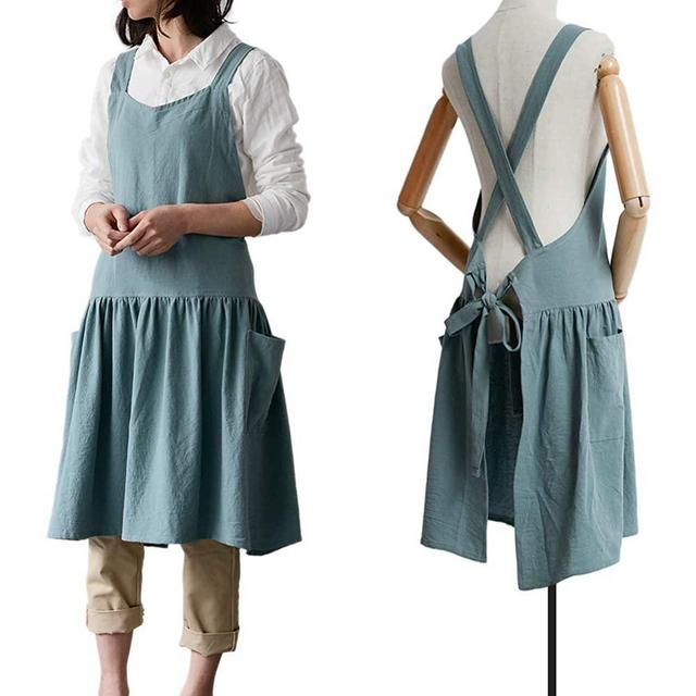 Cotton Linen Cross Back Apron for Women with Pockets for Gardening Cleaning Turquoise with Waist Ties