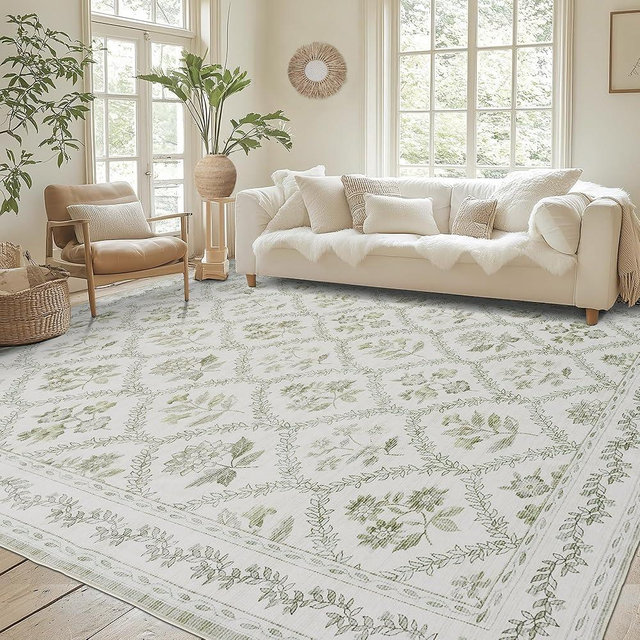 Sage Green Rugs for Bedroom 6x9 Area Rug for Living Room Machine Washable Light Green Cream Beige Printed Non-Slip Vintage Floral Distressed Indoor Boho Farmhouse Carpet for Dining Room Home