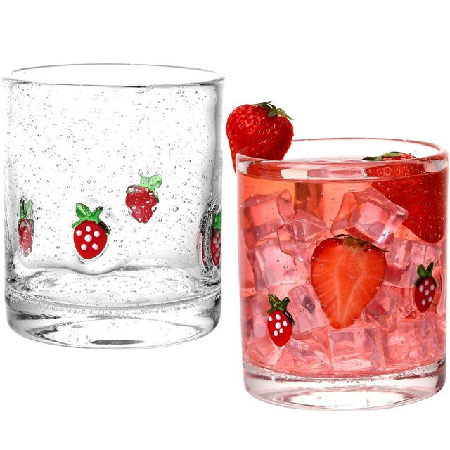 JOVGANK 2 Pcs Strawberry Icon Juice Glasses, 14oz Strawberry Stemless Wine Drinking Juice Glass Cup for Summer Fruit Party Supplies Gift