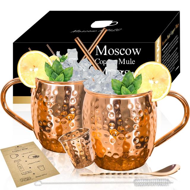 Moscow Mule Copper Mugs - Set of 2-100% HANDCRAFTED Solid Copper Mugs, Gift set with 2 Copper Straws, 1 Stirring Spoon, 1 Copper Shot Glass, 1 Straw Cleaning Brush. (X-2pack)