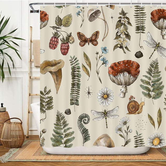 Voshin Vintage Mushroom Shower Curtain Botanical Mushroom Fern Forest Plants Fabric Shower Curtains for Bathroom Boho Shower Curtain Set with Hooks, Beige, 69 X 70 Inches