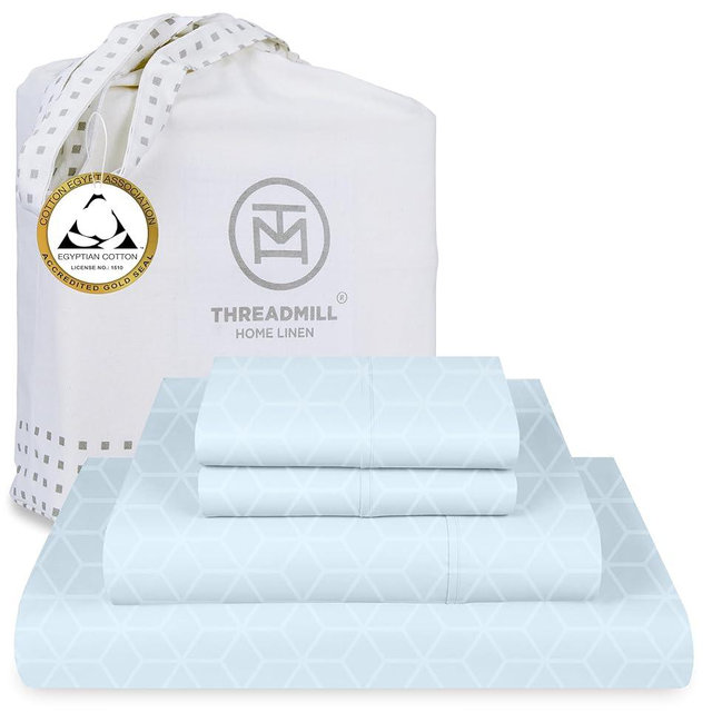 Threadmill Egyptian Cotton Queen Sheet Set | 100% Certified Egyptian Cotton Bed Sheets for Queen Size Bed | Queen Sheet Set with Deep Pocket | Soft Cooling Damask Jacquard Bedding Set | Light Blue