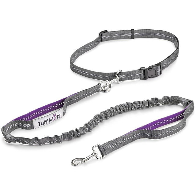 Tuff Mutt Hands Free Dog Leash for Walking Running Hiking, Waist Leash with Bungee, Adjustable Belt, Reflective Double Handle Design for Large Medium Dogs