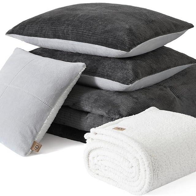 UGG 32538 Remina King-California King 5-Piece Comforter Set Luxurious Comforter and Two Shams with 18 x 18-inch Decorative Throw Pillow and 50 x 60-inch Throw Blanket, King, Charcoal
