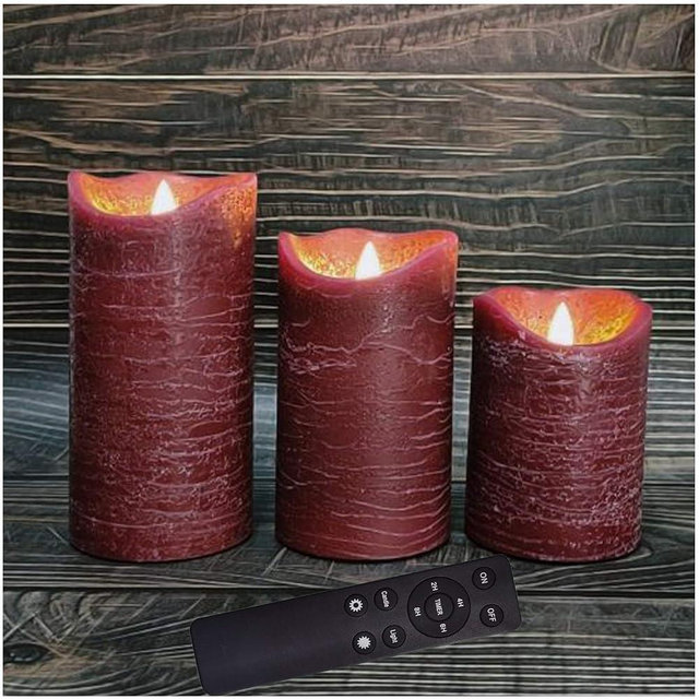 Battery Operated Flameless Led Candles Real Wax Pillar Candles with Remote Timer Electric Flickering decorative Burgundy Wax Candles for Home Wedding Party Centerpiece Decor 3 Pack 3”X 4”, 5”, 6”