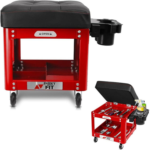 FreekyFit Rolling Creeper Garage Shop Seat for Men, Padded Mechanics Stool with Tool Tray Storage for Garage, Rolling Workshop Stool with Wheels, Auto Creeper Seat, 330 LBS Capacity, Heavy Duty, Red