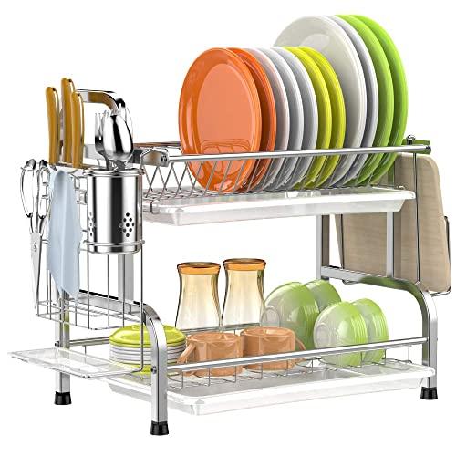 Dish Drying Rack, GSlife 304 Stainless Steel 2 Tier Dish Rack with Trays, Utensil Holder, Cutting Board Holder, Rustproof Dish Drainer for Kitchen Counter, Silver