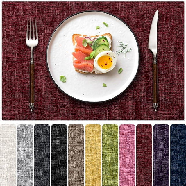 Blue Forest Placemats Set of 4, Dual-Layered Thickened Faux Linen Cloth Place Mats Heat Resistant Machine Washable Wrinkle Free Table Mats Indoor/Outdoor (Red)