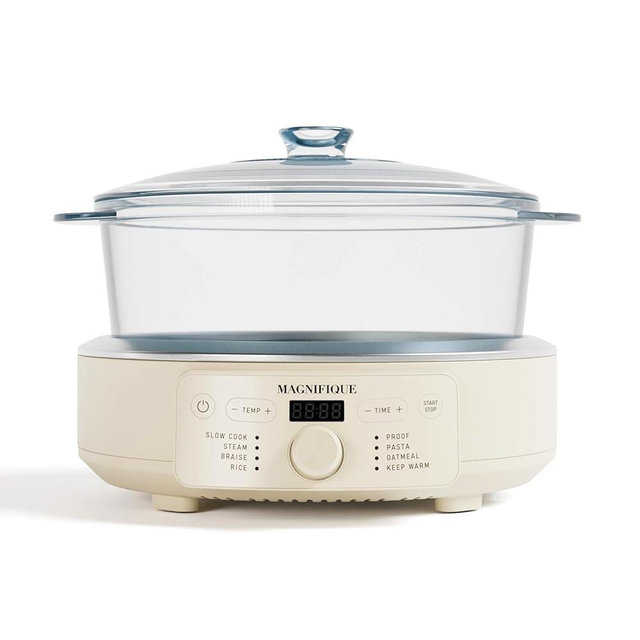 MAGNIFIQUE 4.5 Quart 8-in-1 Glass Pot Multi-Cooker, Programmable Round Slow Cooker with Removable Non-Toxic Glass Pot, Rice-cooking, Nonstick, Oatmeal