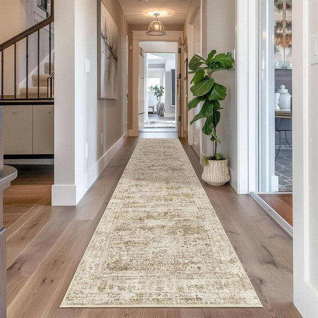 Restydon Long Hallway Runner Rug- Carpet Runners for Hallway 12ft, Anti Slip Backing Washable Rug Runner for Bathroom, Entrance, Living Room, Soft Low Pile Mordern Rug Runner(2'x12', Brown/Ivory)